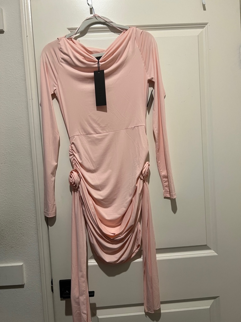 Lioness Blush Long-Sleeve Draped Midi Dress with Rosette Accents